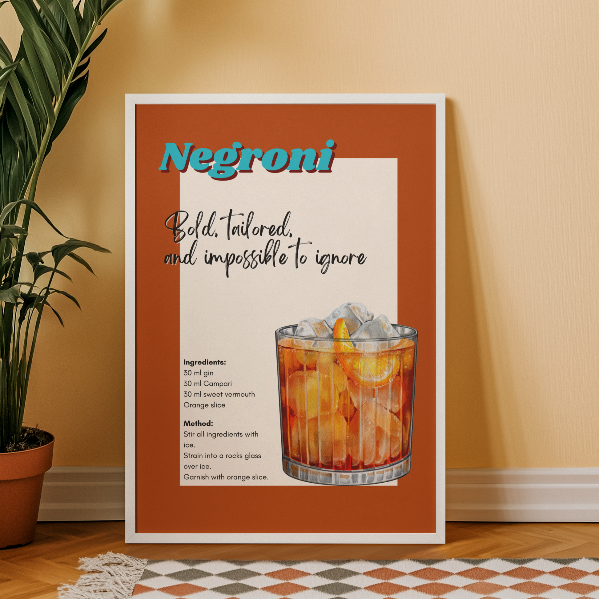 Framed Negroni recipe poster on a wall with a plant and checkered floor.
