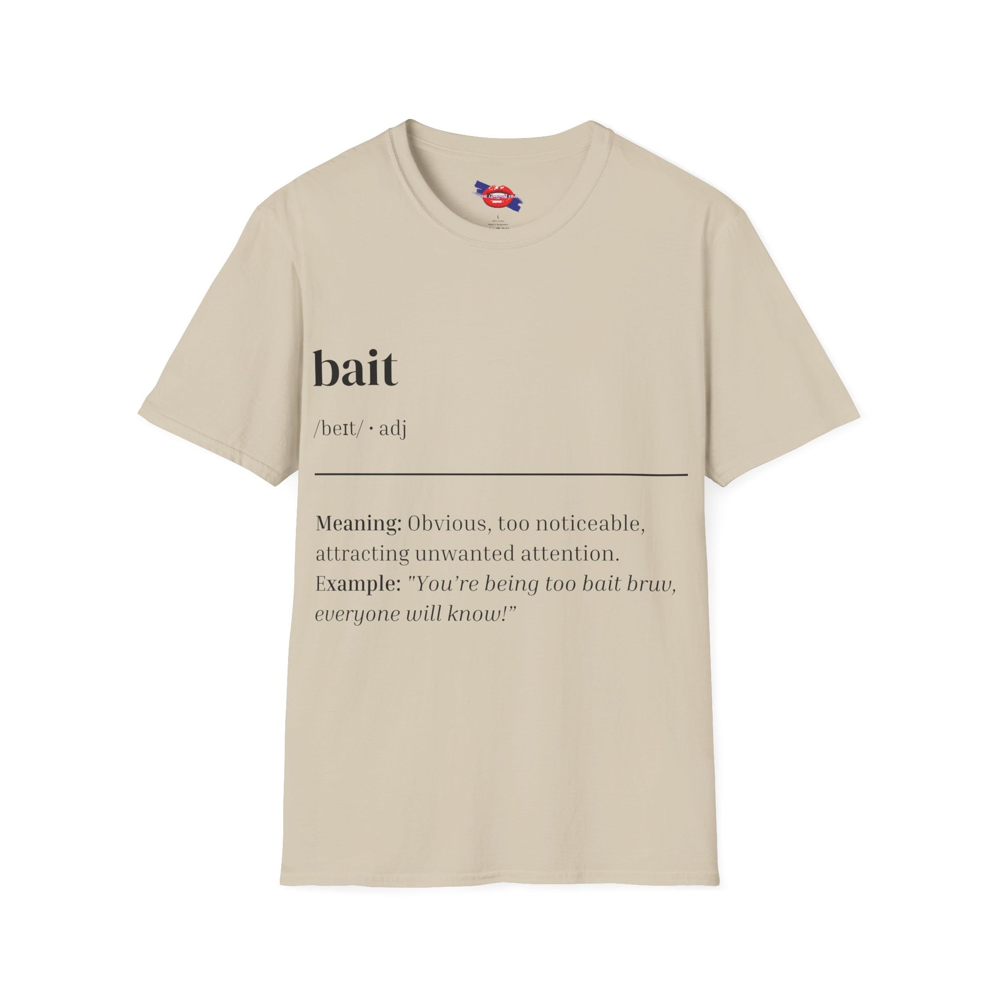 Beige t-shirt with text definition on a white background