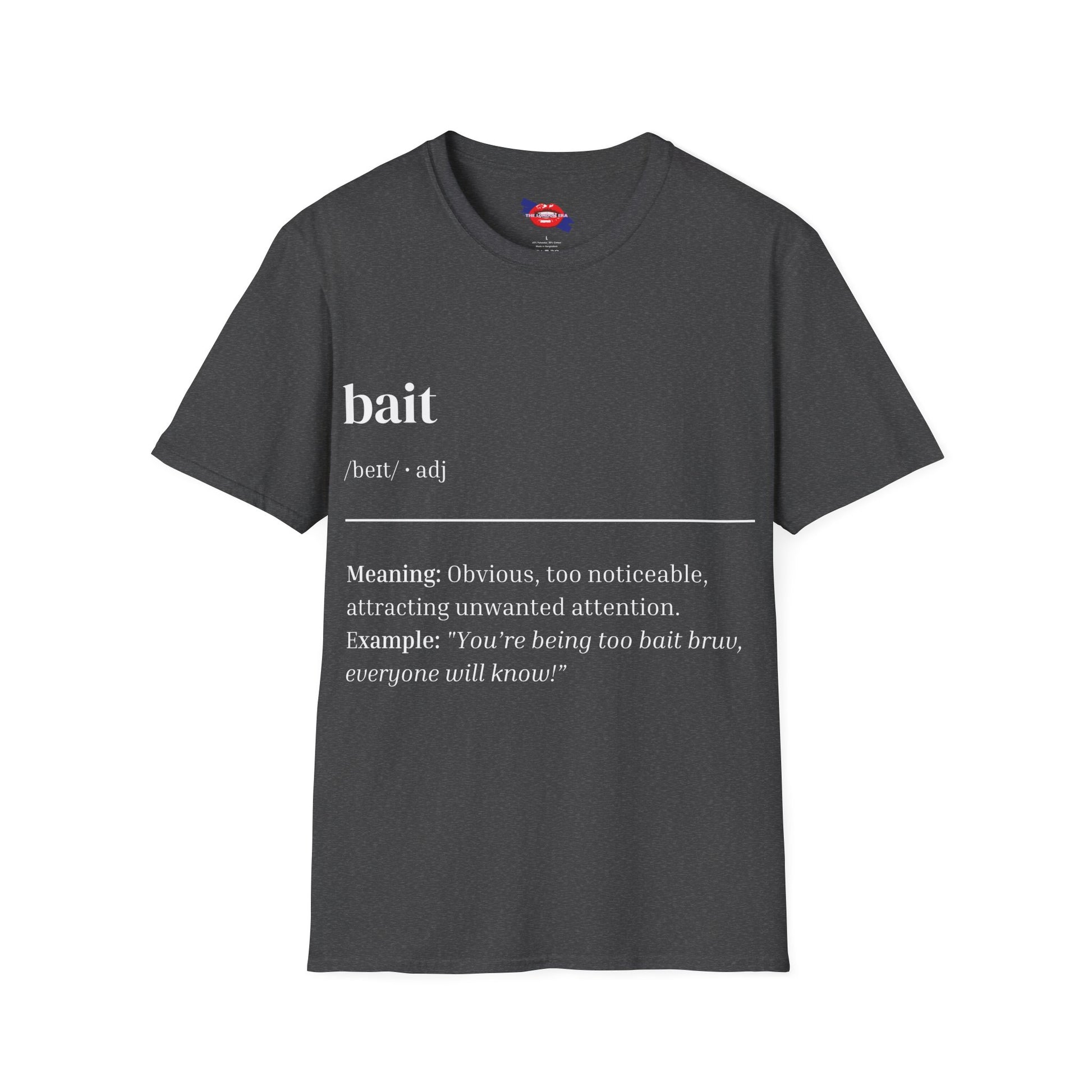Gray t-shirt with white text on a white background