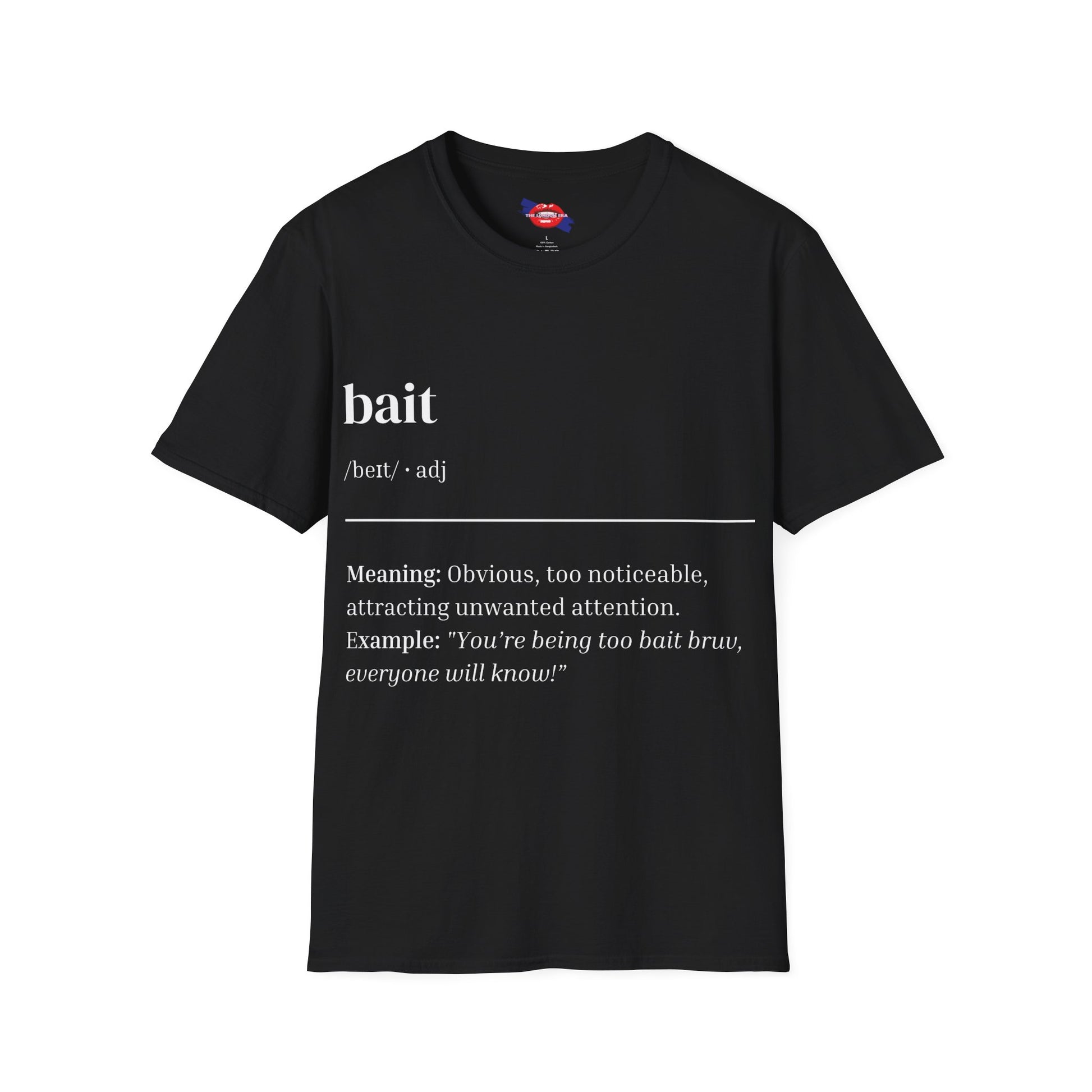 Black t-shirt with white text on a white background