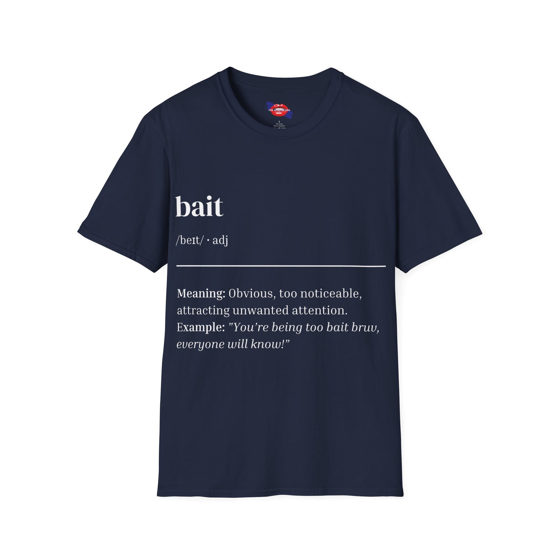 Navy blue t-shirt with white text on a white background