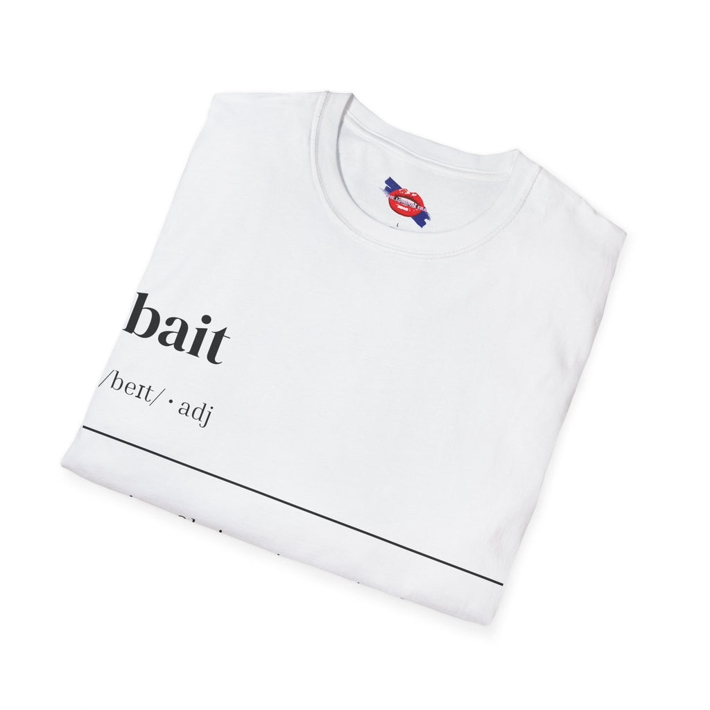 White t-shirt with 'bait' definition print on a white background