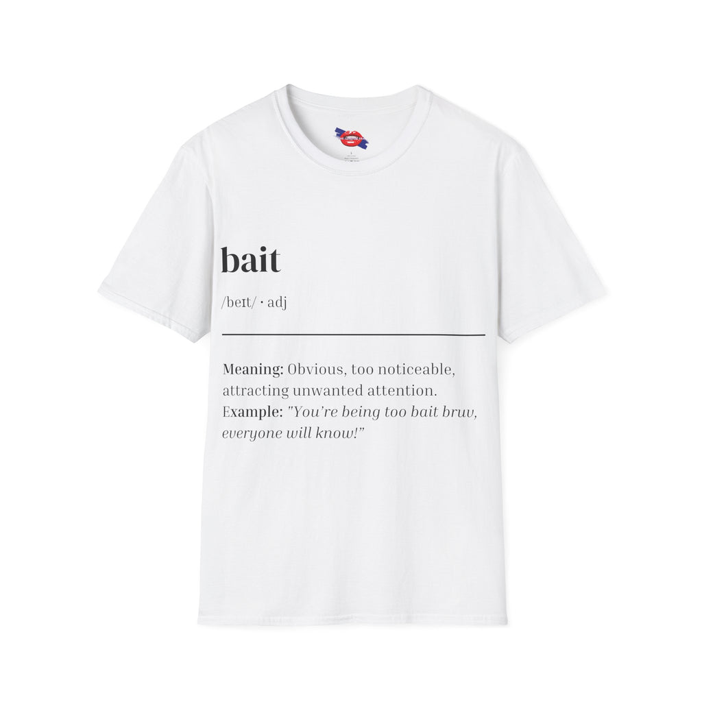 White t-shirt with black text on a white background