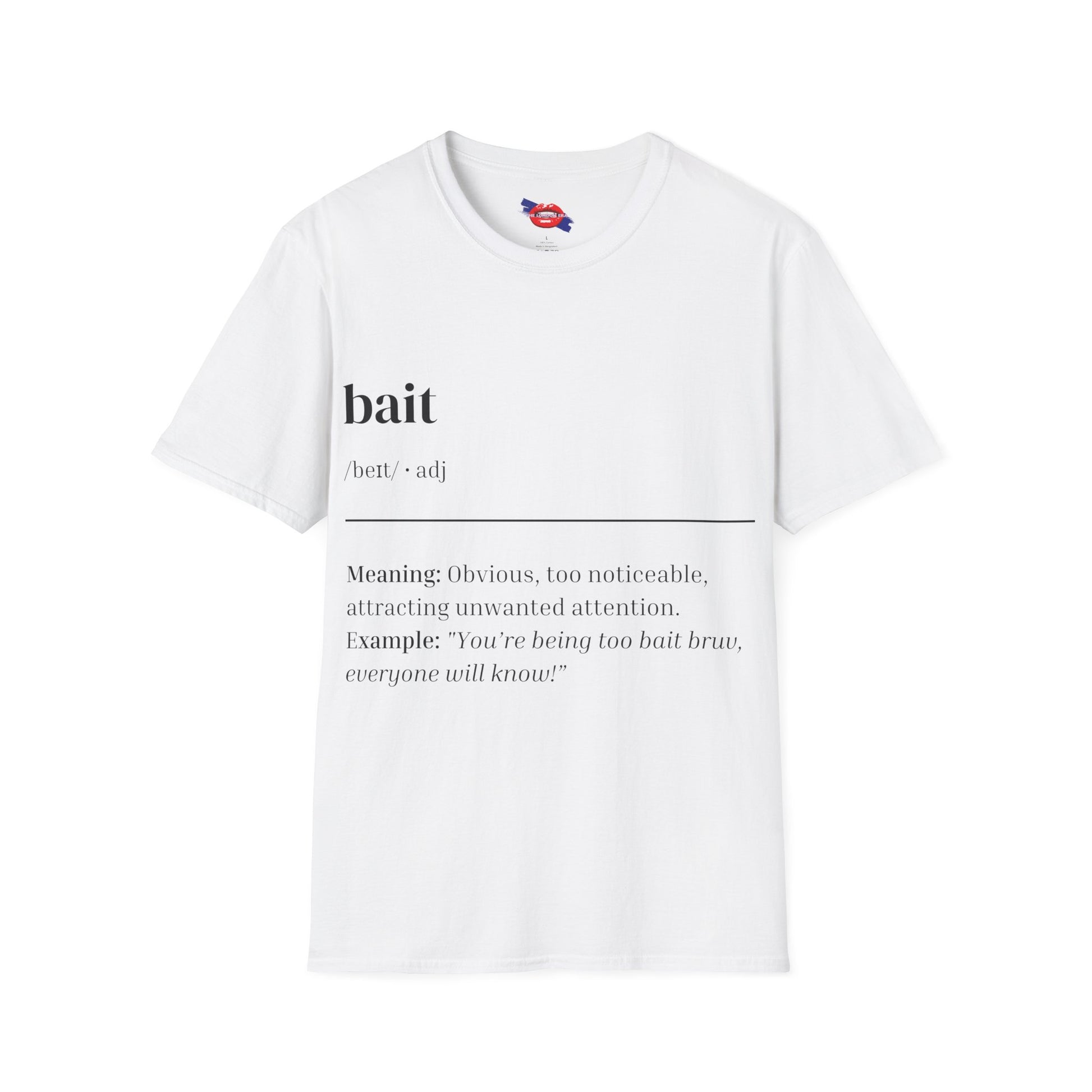 White t-shirt with black text on a white background
