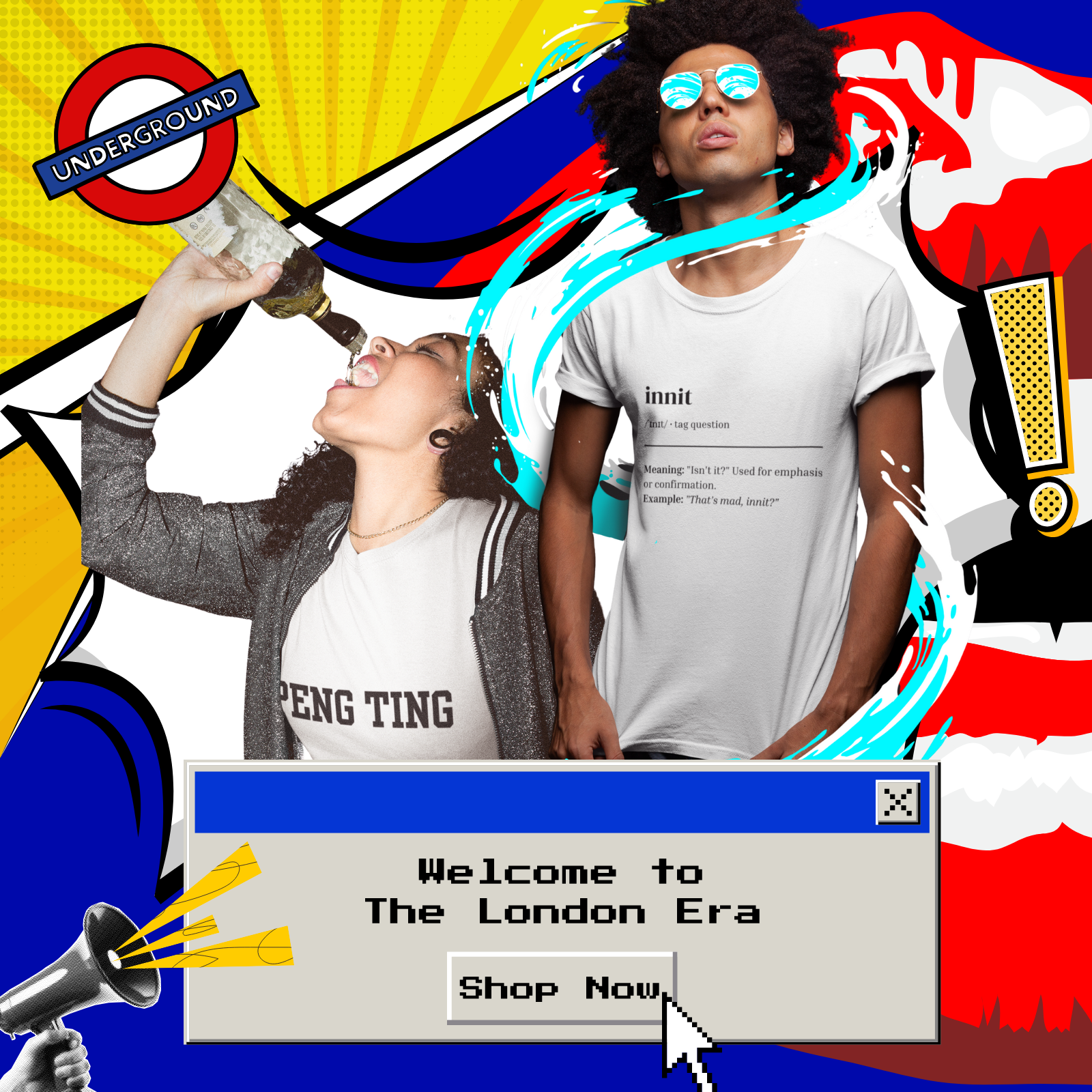 Two people wearing white t-shirts with text, colorful abstract design, and 'Underground' logo.